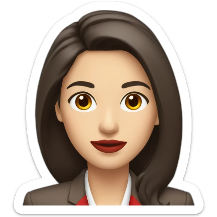 Attractive business woman with long dark brown hair, brown eyes, full lips, wearing a red blazer sticker