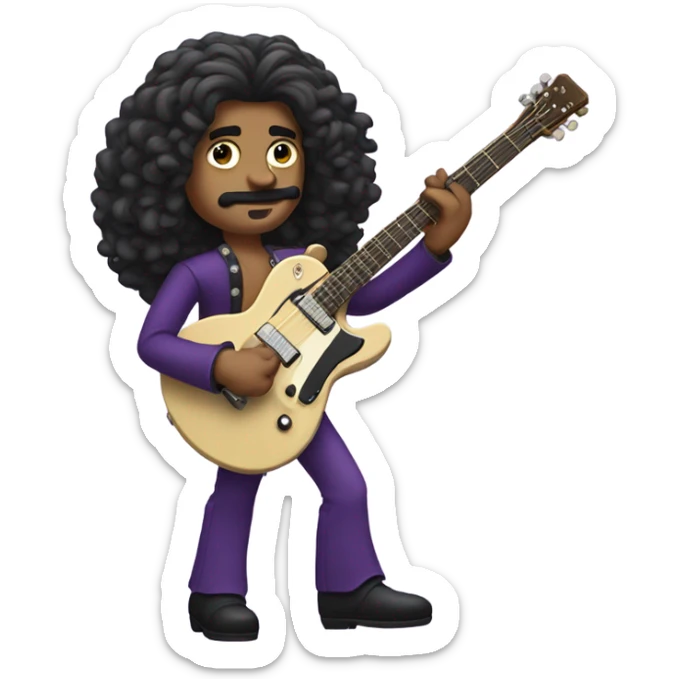 Prince musician with long curly hair and slim mustache and purple guitar  sticker