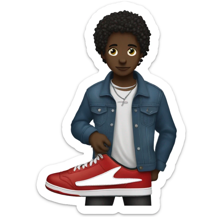  boy holding the red electric guitar. have green eyes and short curly hair.   nike jordan Travis Scott shoes.  blue jeans The boy is not white however not so dark.  sticker