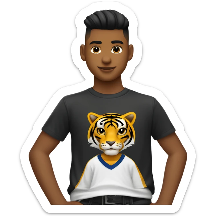 niño de 13 años con un mid taper fade cafe oscuro y la playera de los tigres sticker