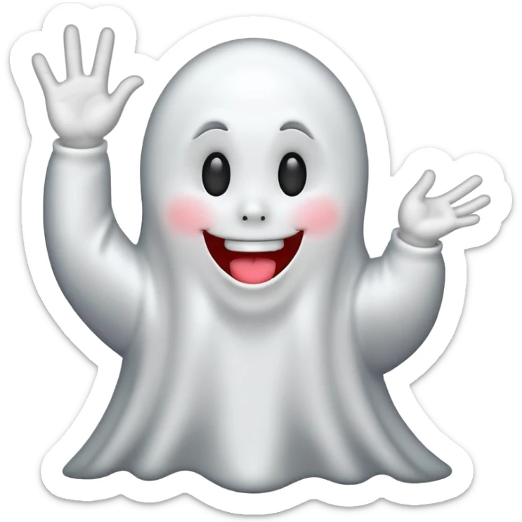 ghost emoji with tongue out with one hand up and one down and 6 above the left hand and 7 above the right hand sticker
