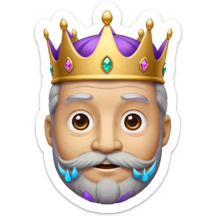 Create a cartoon-style emoji of Baltasar, one of the Three Wise Men. Only show his face and crown. He is older, with a black beard showing streaks of gray, joyful wrinkles, and a purple and gold jeweled crown. Express warmth and wisdom. Colorful and simple, suitable as an emoji. sticker