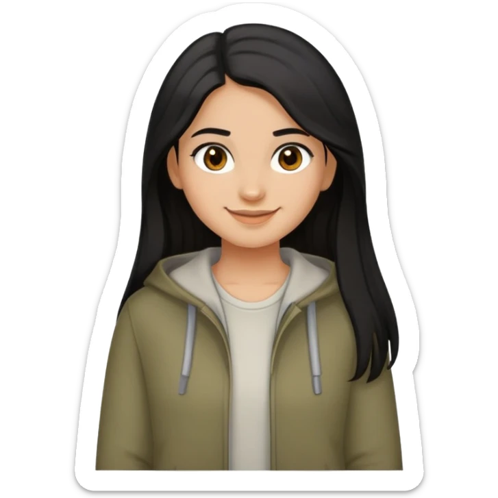 Can you create an emoji of a girl smiling but not showing the teeth. olive brown complexion color, dark long hair color black, brown eyes and with a casual outfit sticker