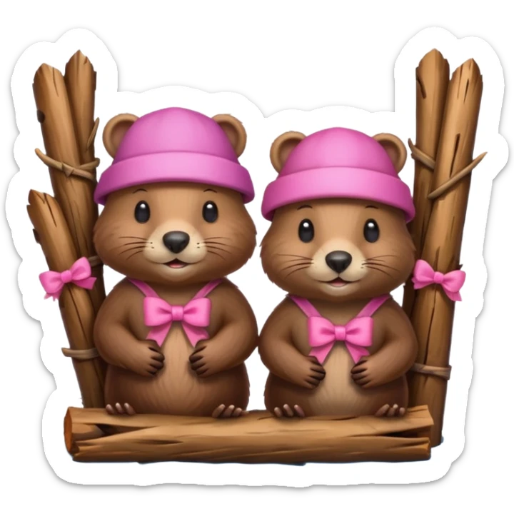 a beaver couple, one a female with a bow on her head in a beaver home made of sticks and logs sticker