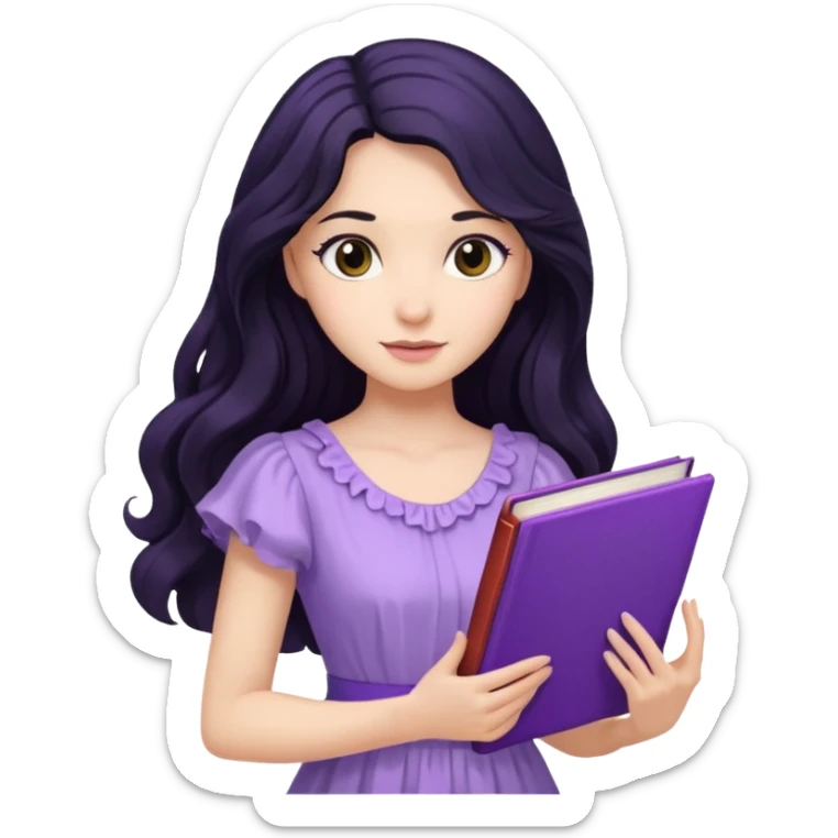 Long Hair Women with purple Book, Black wavy hair, light dress sticker