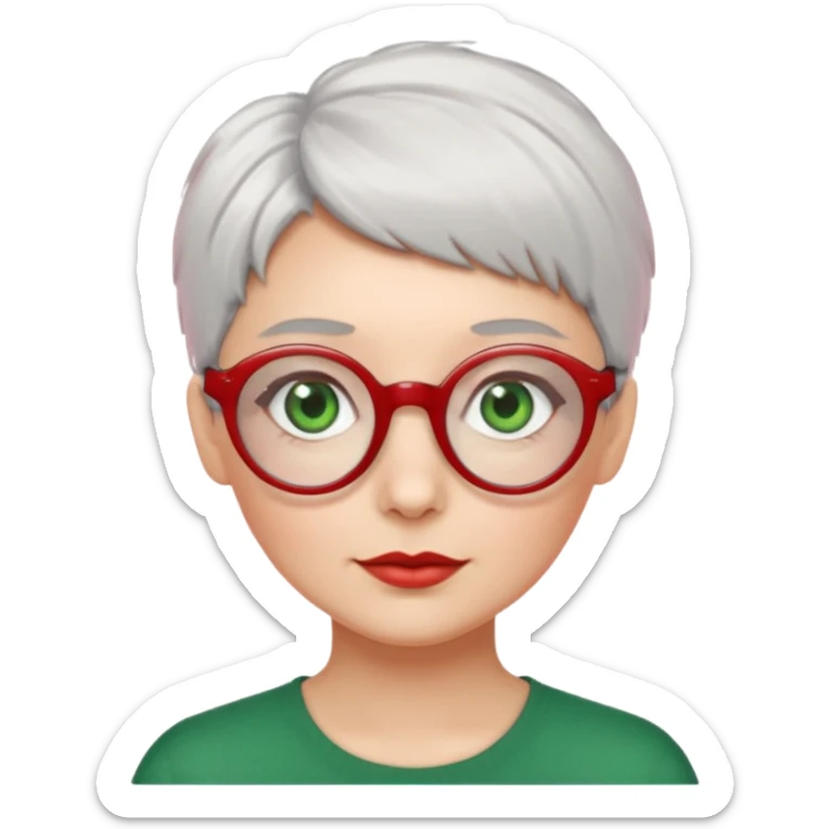 visage femme a lunettes fine ronde rouge avec cheveux courts gris-blancs aux yeux verts sticker