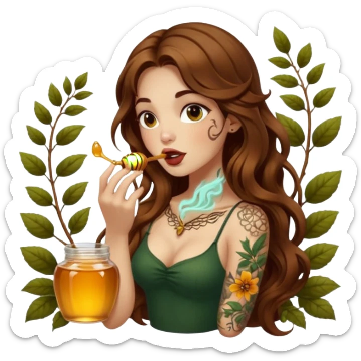 forest mystic woman long wavy brown hair tattoos licking honey from finger flirty sticker
