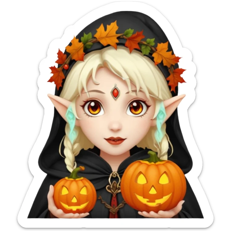 female elf vampire emoji, pale skin, red eyes, elegant face, autumn leaf and pumpkin wreath on head, black hooded cloak with cobweb details, holding small glowing pumpkin lantern, Halloween fantasy theme, Apple emoji style, clean white background, square sticker