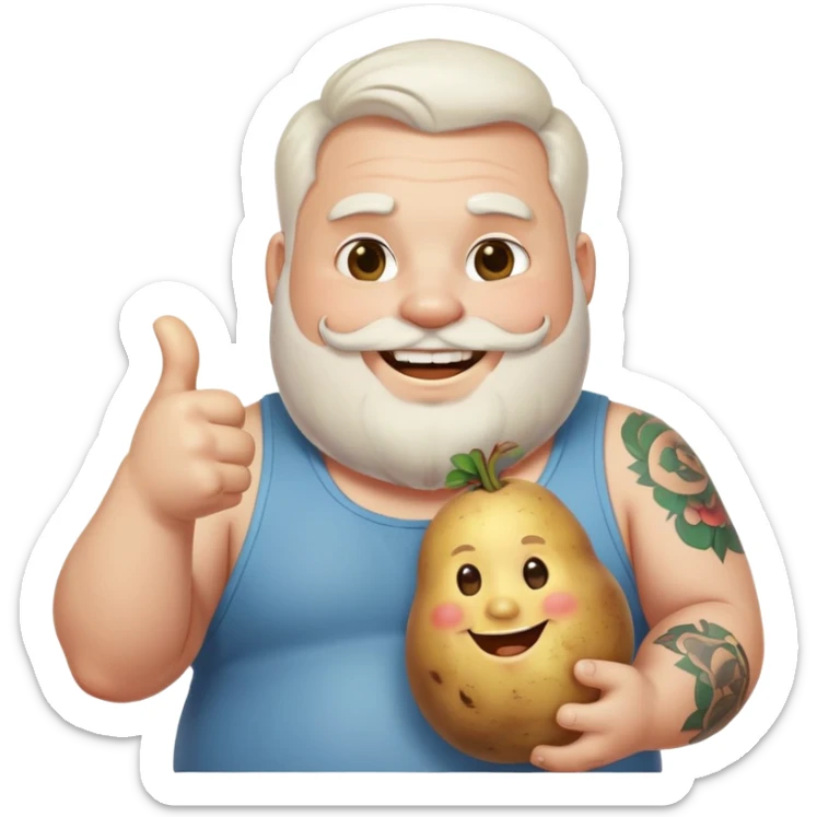 fat guy with white side part and white beard and key tatto on his arm smiling and holding a potato with a thumbs up sticker