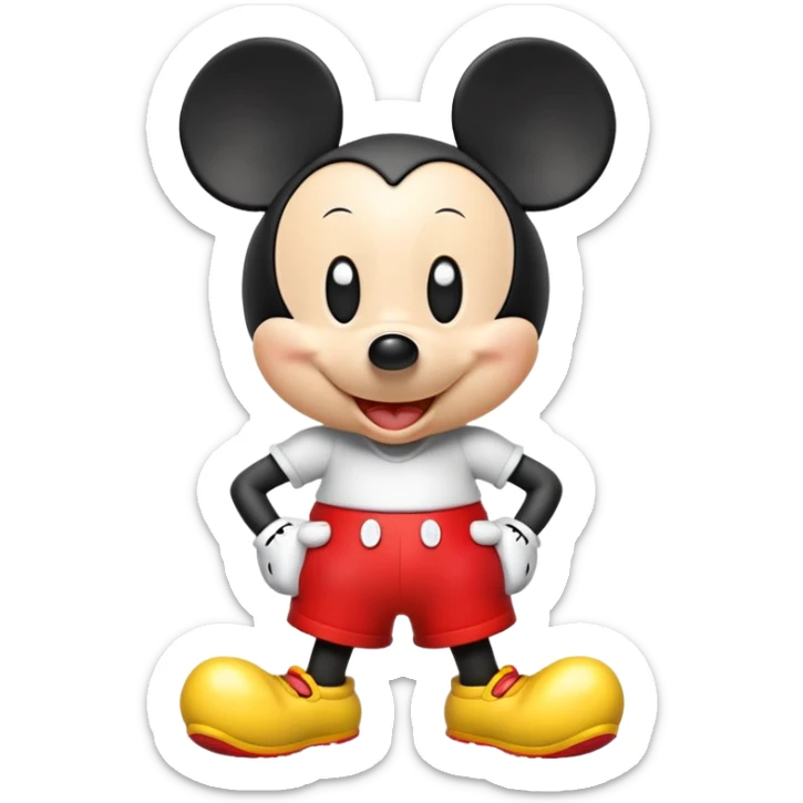 Design a 3D emoji-style Mickey Mouse with big round ears, red shorts, yellow shoes, and a cheerful expression. Cute, glossy, and cartoonish. sticker