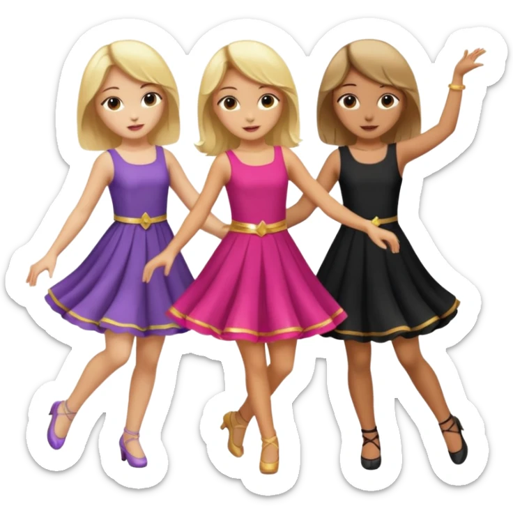 Emoji of 3 Girls dancing one with blonde hair, one tan skin with brown hair and one with black hair sticker