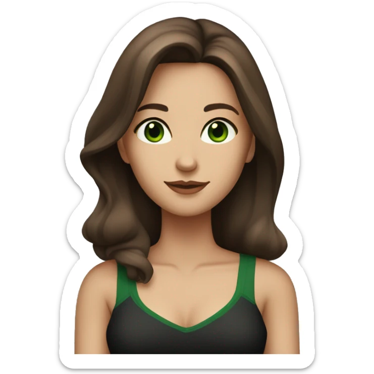 Attractive woman with belly-long chestnut-brown hair and dark green eyes wearing a black top sticker