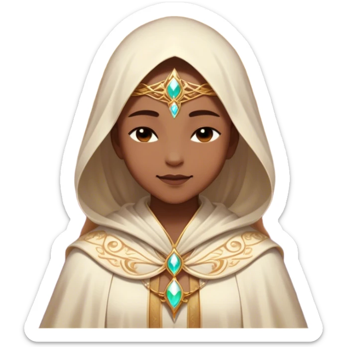 Clash of Clans aesthetic: Beautiful and Majestic Mage Portrait Emoji, Rendered in serene mystique with a gentle, confident smile and an aura of timeless magic, showcasing an elegantly robed figure with intricate arcane embellishments and softly closed eyes in natural skin tone, Simplified yet exquisitely endearing features, highly detailed, glowing with a soft, majestic mystical light, high shine, calm and profoundly wise, stylized with an air of timeless sorcery, soft glowing outline, capturing the essence of a majestic mage whose magical presence inspires epic quests! sticker