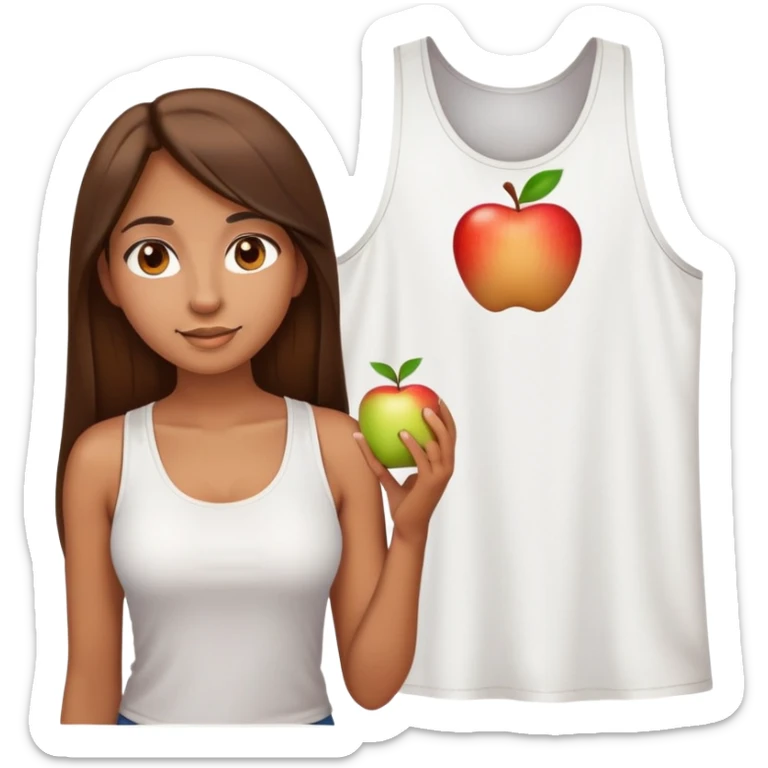 A woman with a round face, big round nose, long straight brown hair, and brown eyes, wearing a white tank top. The style should resemble the Apple emoji design, with a smooth, simple appearance and bright, clear features. sticker