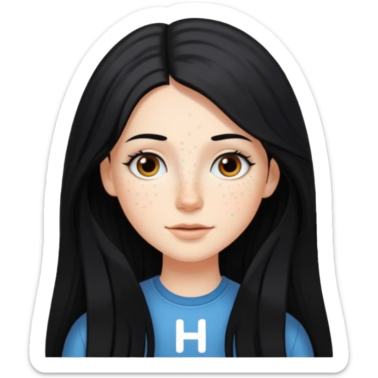 Quiero un emoji que arriba de ella tenga una frase que diga "hi" que sea una niña blanca pelo negro largo y que tenga pecas en su carita sticker