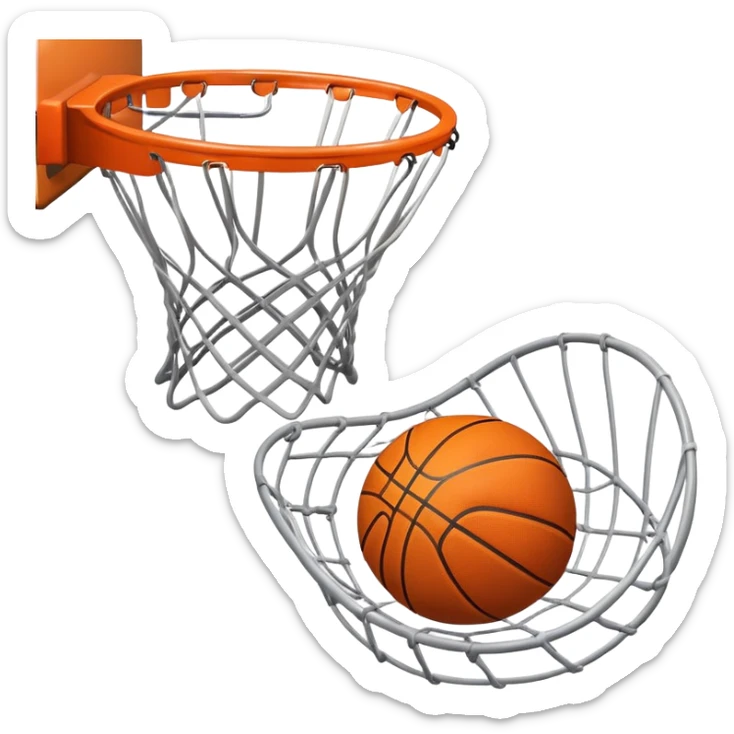 A close-up of a basketball swishing through the hoop, with the net slightly bouncing. The background features a blurred basketball court, capturing the excitement and precision of scoring in the game. sticker
