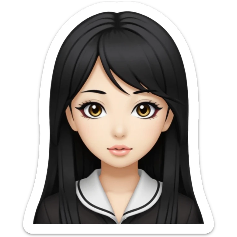 Hime gyaru girl, medium-long, straight black hair, black slanted eyes and thin black eyebrows, gyaru makeup, sticker