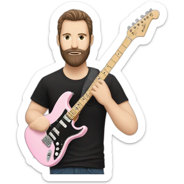 white man with dark beard and black t shirt and pastel pink stratocaster electric guitar sticker