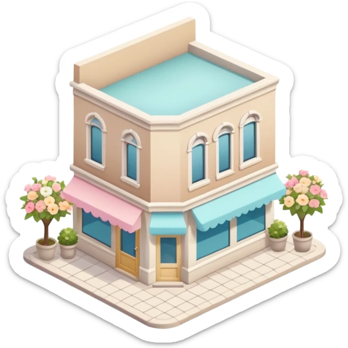 isometric exterior little beige and white shop with abundant pastel florals everywhere sticker