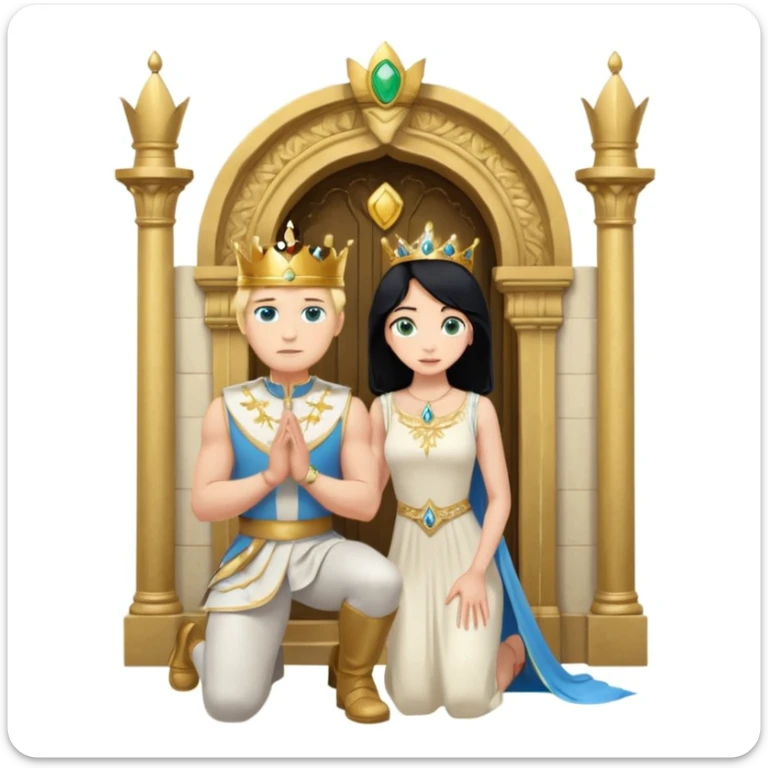 Man as king, standing, black Hair, blue eyes, woman, blonde, green eyes, shott white sleveless Dress, kneeling, background palace sticker