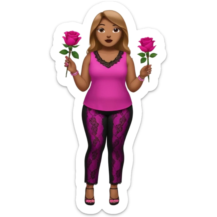 A plus-size Black woman with long, straight, light brown hair is wearing a fuchsia sleeveless shirt and black lace pants. She is standing with fuchsia-painted nails and is holding a rose. sticker