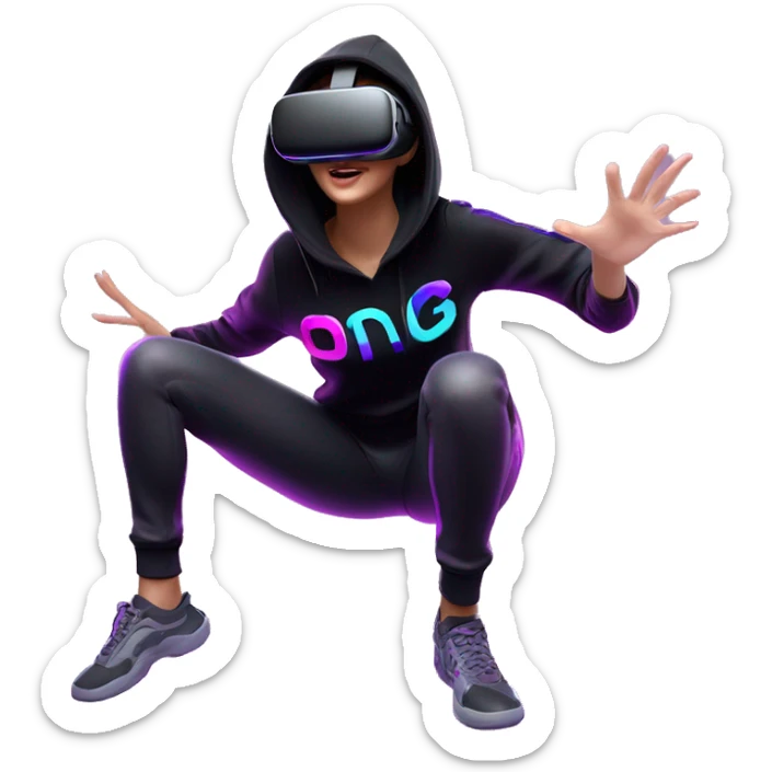 Russian girl wearing black hoody with violet letters "OMG", in vr headset oculus quest2. jumping. Cyberpunk style. Violet neon. sticker