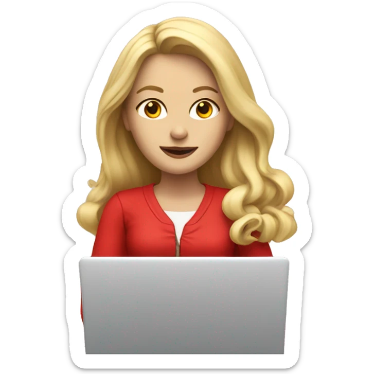 Long blonde hair woman in red writing on laptop sticker