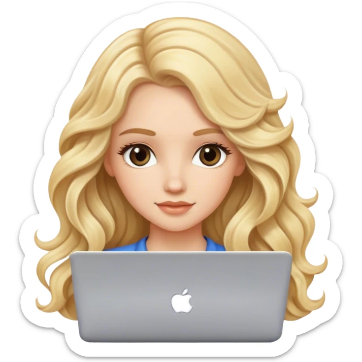 beautiful white girl, with long blonde hair, wavy hair, with laptop sticker