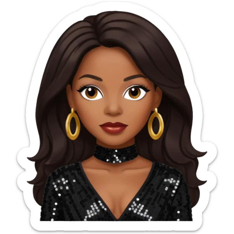 Dawn Robinson from En Vogue with long dark brown hair, black sequin outfit sticker