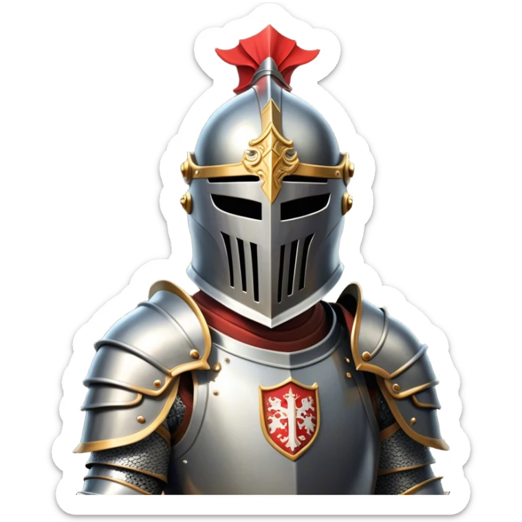 Clash of Clans aesthetic: Cinematic heroic Armored Knight Hero close up Emoji, rendered in a 3D vector-style similar to standard emojis with minimal shading and bold, simplified shapes. A compact, isometric warrior clad in gleaming plate armor with intricate heraldic details, softly glowing with a chivalrous medieval charm. Simplified yet unmistakably iconic, highly detailed and consistent, glowing with a soft radiant shine and high polish. Stylized with a touch of noble valor and a soft glowing outline, wearing a full face helm so that no face is visible with only eyes visible, capturing the essence of a gallant knight ready for honorable battle with a friendly, playful manner! sticker