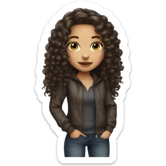 a girl white skin with long dark brown curly hair and skin clear with street wear sticker