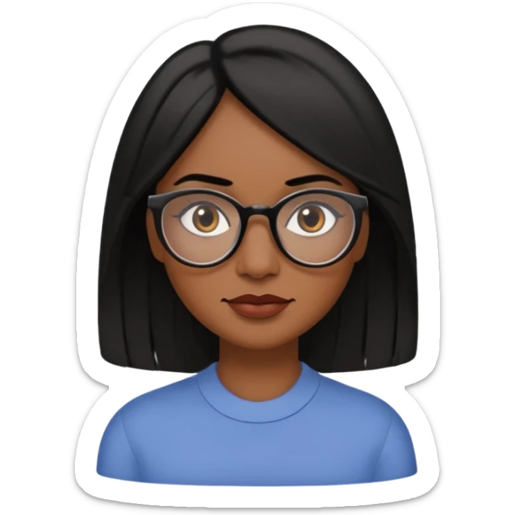 A 30 year woman emoji with medium-dark skin, straight shoulder-length black hair parted to the side, an oval-shaped face, arched dark eyebrows, large brown eyes with glasses, a small nose, and natural-toned lips. sticker