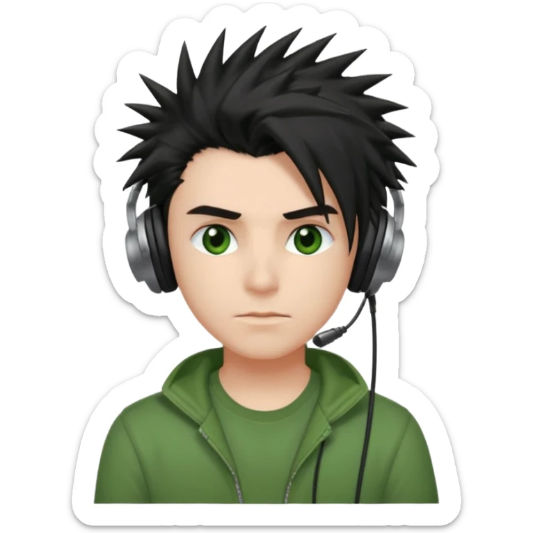 chico pelo medio largo ojos rojos y una camisa verde pelo tipo spike y unos audifonos pelo negro y mas voñuminoso sticker