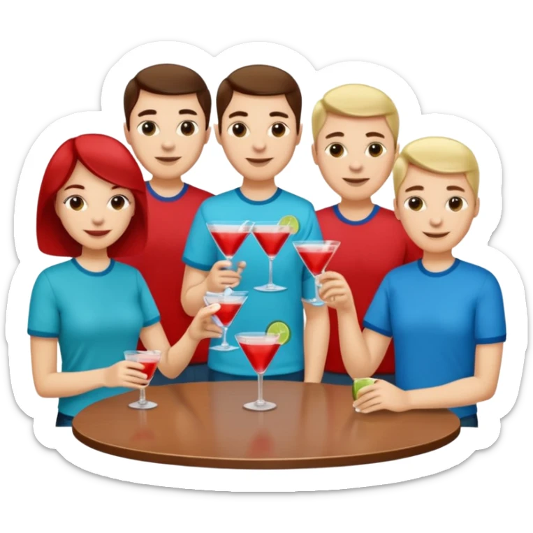 A large crowd of adults in casual clothing with red, aqua and blue shirts with drinks chatting at an afterwork meeting sticker