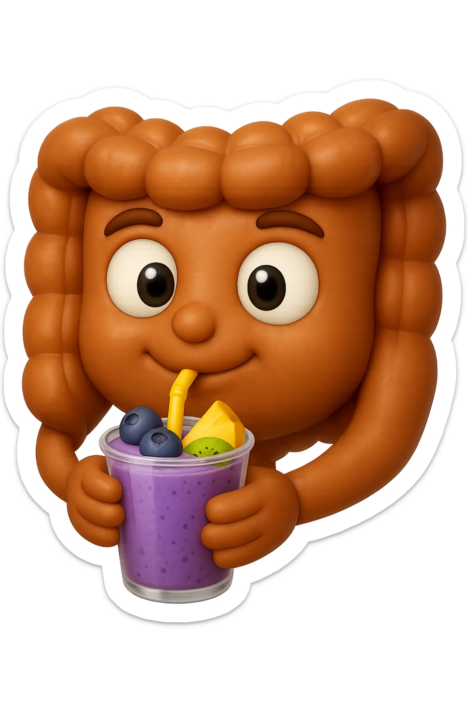 EMOJI STILE IPHONE DI un intestino umano anatomico che beve un frullato di mirtilli, ananas, kiwi, fagli anche la parte bianca degli occhi, non solo le pupille, REALISTICo 4K sticker