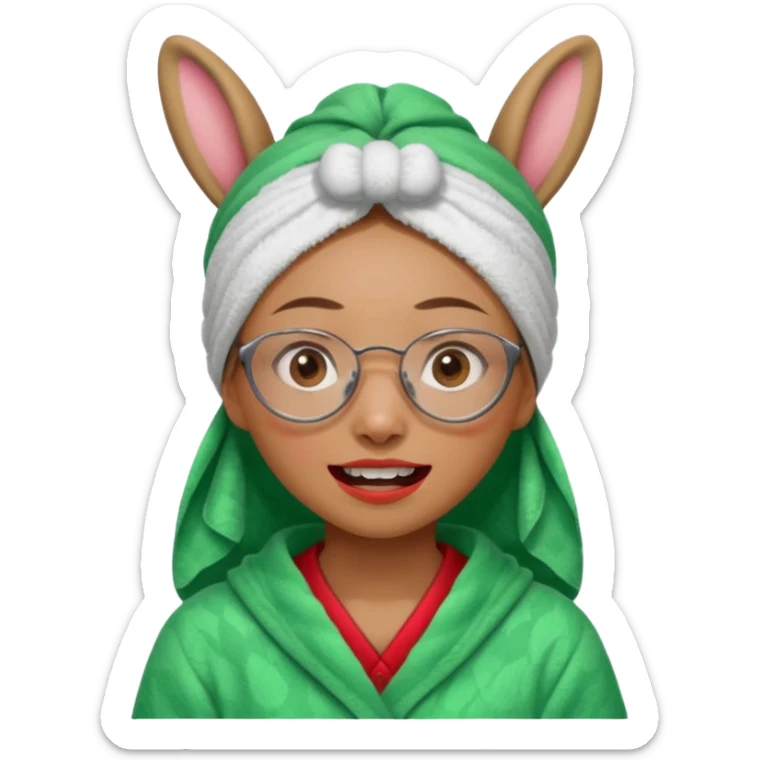 Asian woman who has a big rabbit front teeth wearing a green towel in her head with a broken glasses on her face in red pajamas sticker