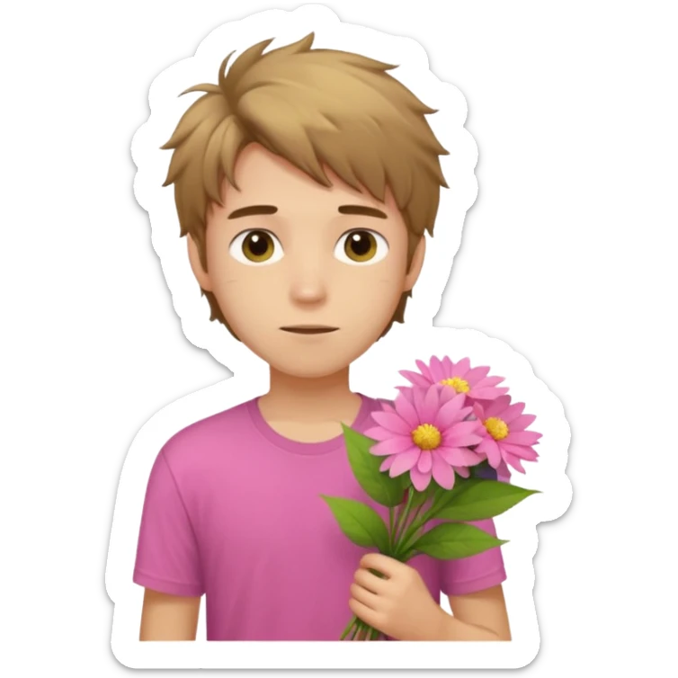 generate an ios genmoji of a 20 year old fair boy with brown long and messy hair with stubble on cheeks. carrying a pink flower bouquet, wearing a yellow tshirt, looking shy sticker
