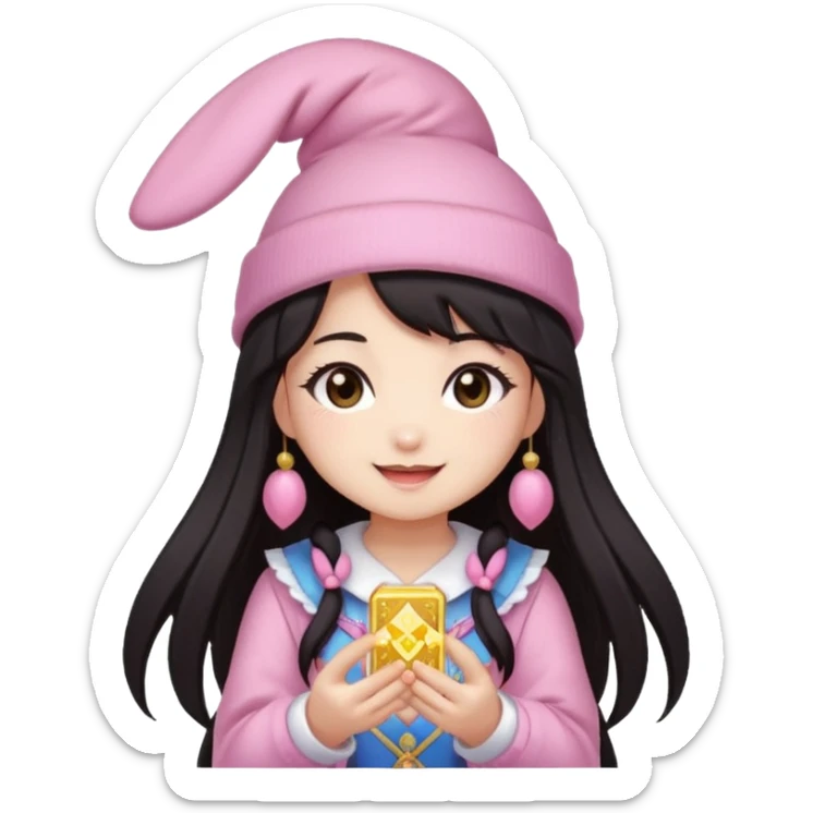 pixel art chibi asian girl with dark long hair in pink bunny hat magical girl with kawaii tarot cards thrown in air pixel emoji sticker
