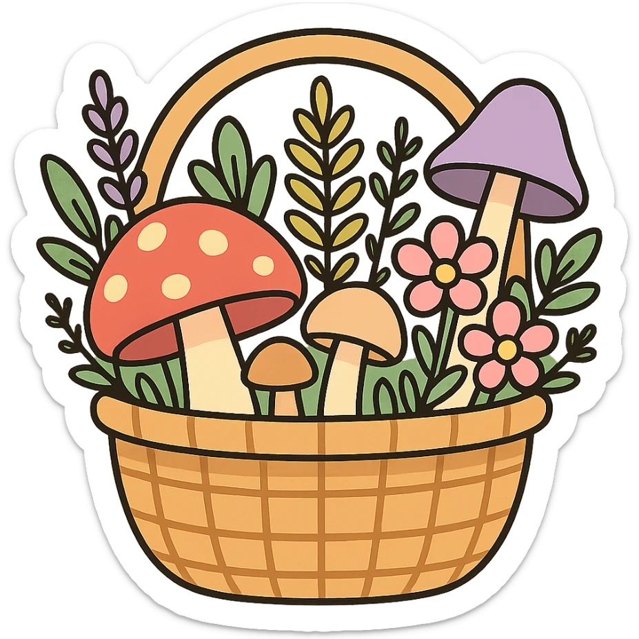 basket full of forest goodies including mushrooms, herbs, flowers in soft pastel colors, vibrant-toon style sticker