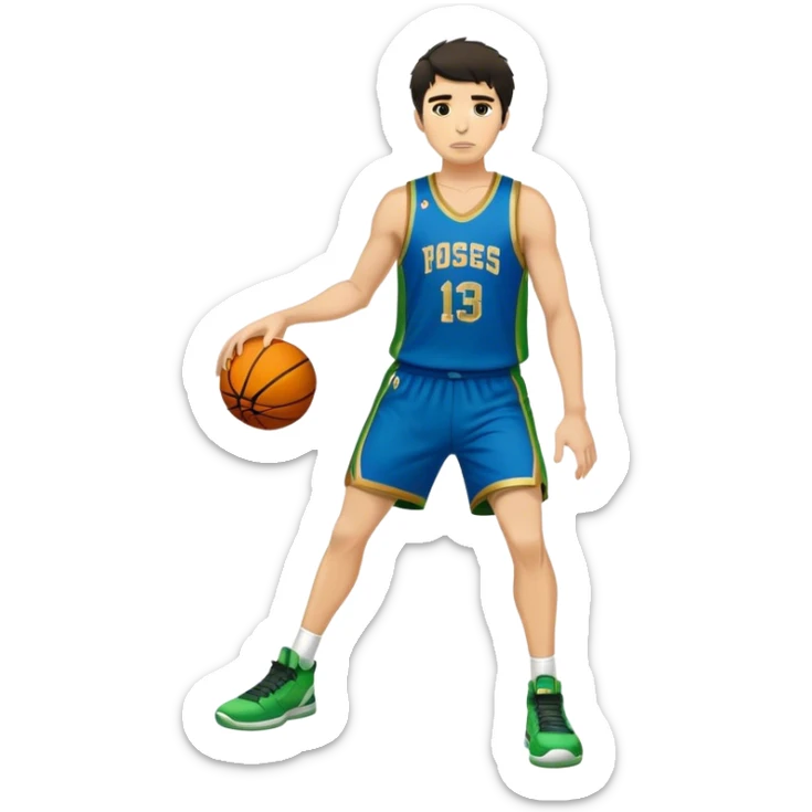 Full Body  white male basketball player with short shaggy dark hair and  close shave gold tee  wearing blue and green uniform sticker