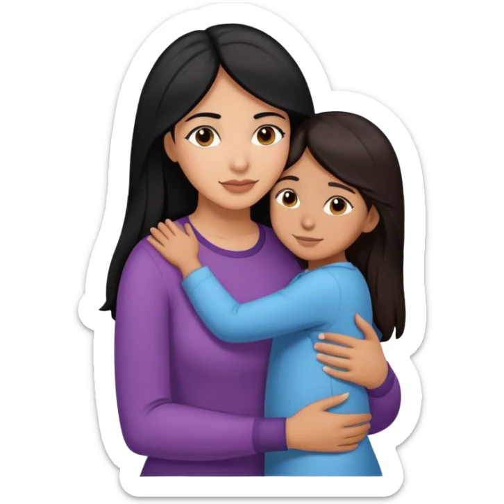 Hispanic mother with black hair hugging daughter with straight brown hair hugging sticker