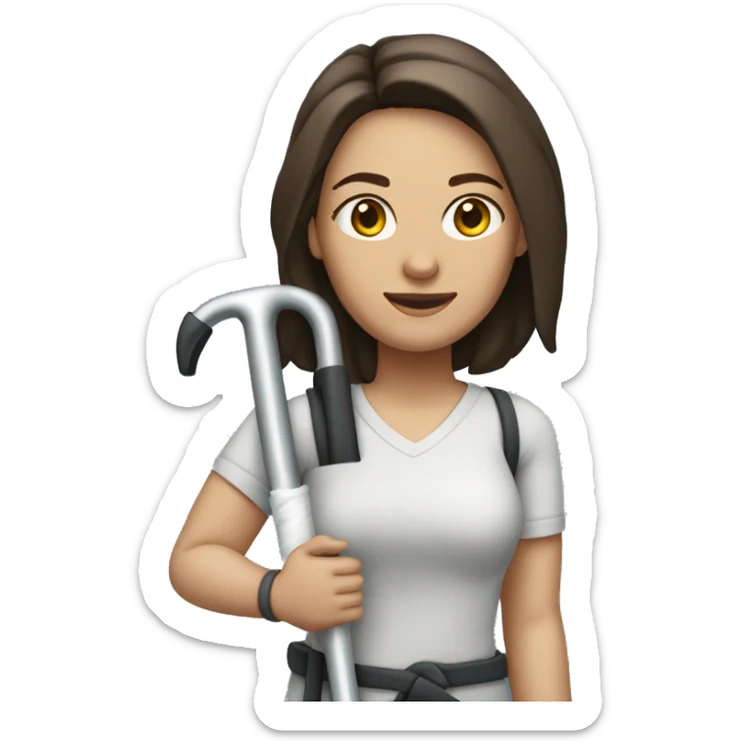 Caucasian woman with shoulder length dark brown hair on crutches with a bandaged right knee sticker