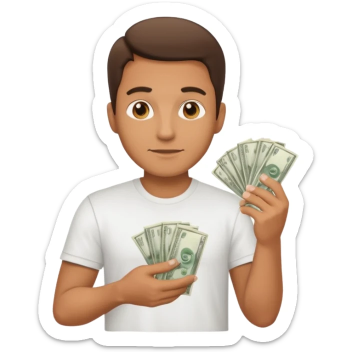 an American man with money in his hands wearing a T-shirt sticker