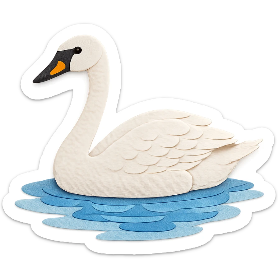 very detailed tundra swan swimming in water, intricate cut paper textures, white feathers, black beak with yellow spot, blue water reflections sticker