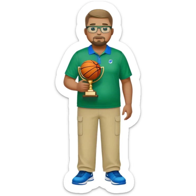  full body white obese male basketball coach with trophy. Goatee , Wearing glasses and blue and green nike polo shirt and khaki pants sticker