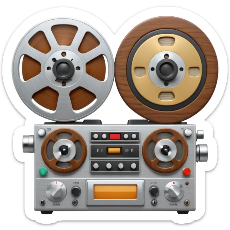 3D render of Reel-to-Reel, vintage 1980s audio equipment aesthetic, tactile analog buttons, silver metallic face with two large brown magnetic tape wheels, mixed wood grain and brushed aluminum textures, Apple emoji style, isolated on white background --v 6.0 sticker