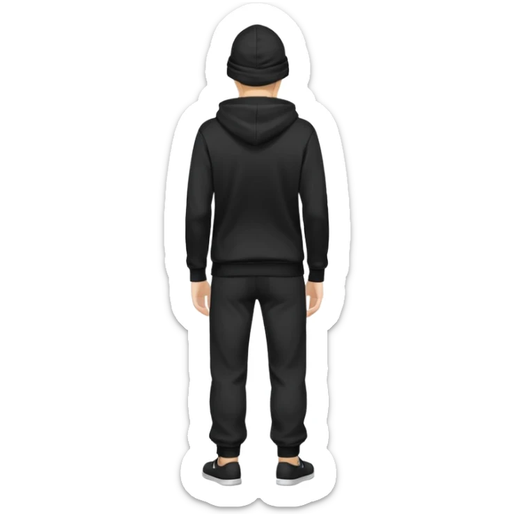 fullbody Mysterious shy caucasian man in black hoodie on head, hands in pockets and black pants rear backview sticker