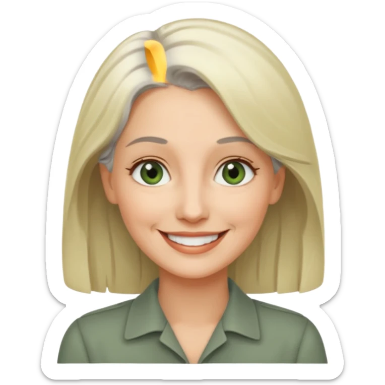 a woman in her late 40s and has greyish greenish eyes and blonde and grey hair sticker