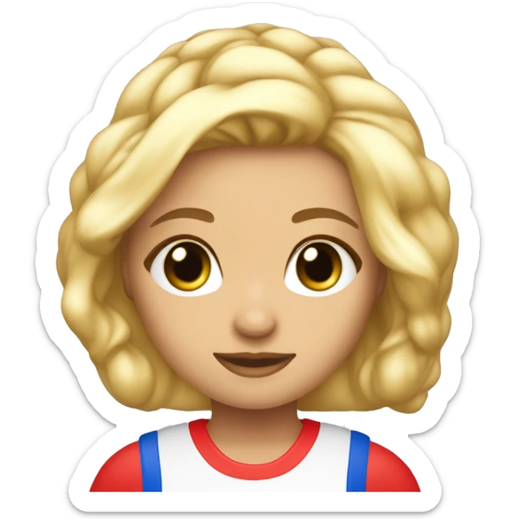 Poupée cheveux blonde,lisse et court,les jeux bleus habillé en rouge sticker