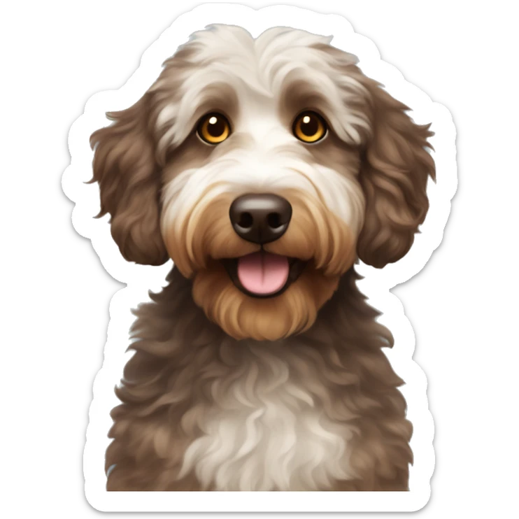 Brown and tan Aussiedoodle with yellow eyes and a bun on the top of head sticker